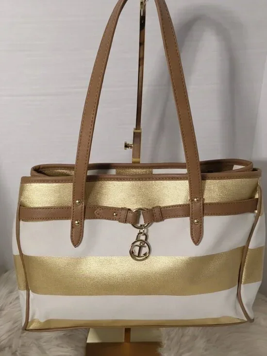 Tommy Hilfiger Gold & White Stripe Tote – Elegant Everyday Bag