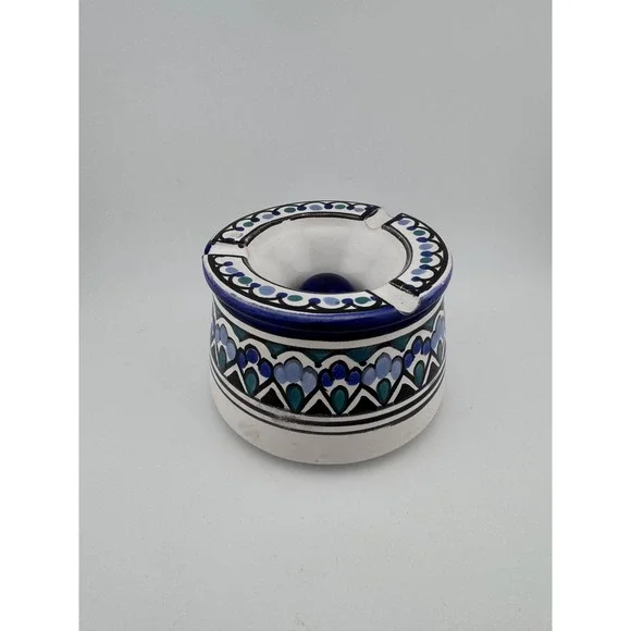 Vintage Moroccan Ceramic Handpainted Ashtray Decorative Blue Green Pattern & Lid