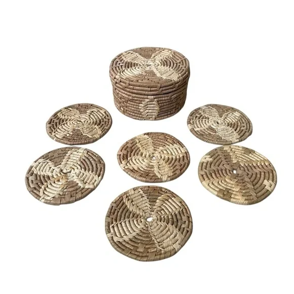 Handcrafted Brown and Tan Woven Rattan Coaster Ser