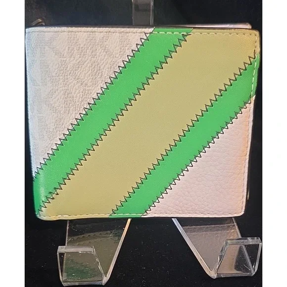 Michael Kors Logo Pattern Bifold Wallet Credit Card Holder White Green Beige
