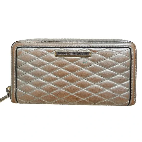 Rebecca Minkoff Quilted Ava Zip Around Wallet Womens OS Gold Metallic Leather‎