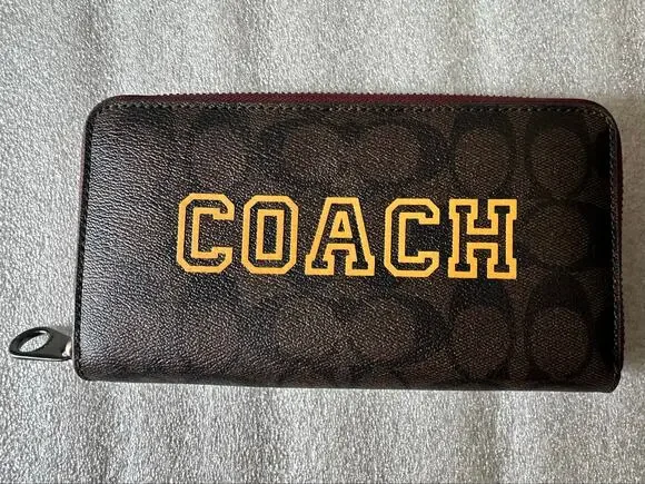 EUC Coach Signature Zip Around Wallet Brown Yellow Varsity Logo Mustard C4452