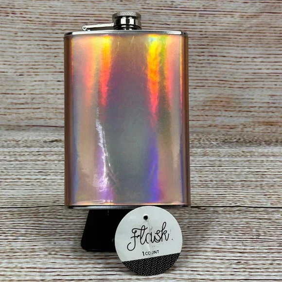 Made For Retail Rose Holo Iridescent Stainless Steel‎ Hip Flask 8oz NEW