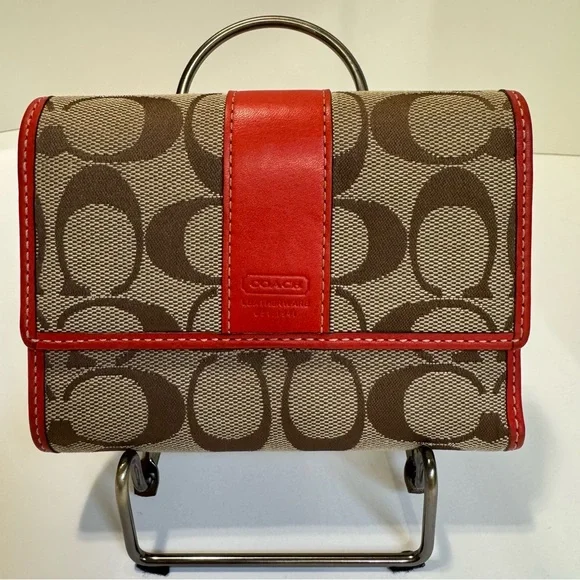 Vintage Coach Signature C Jacquard Trifold Snap Wallet Tan Red Leather Y2K