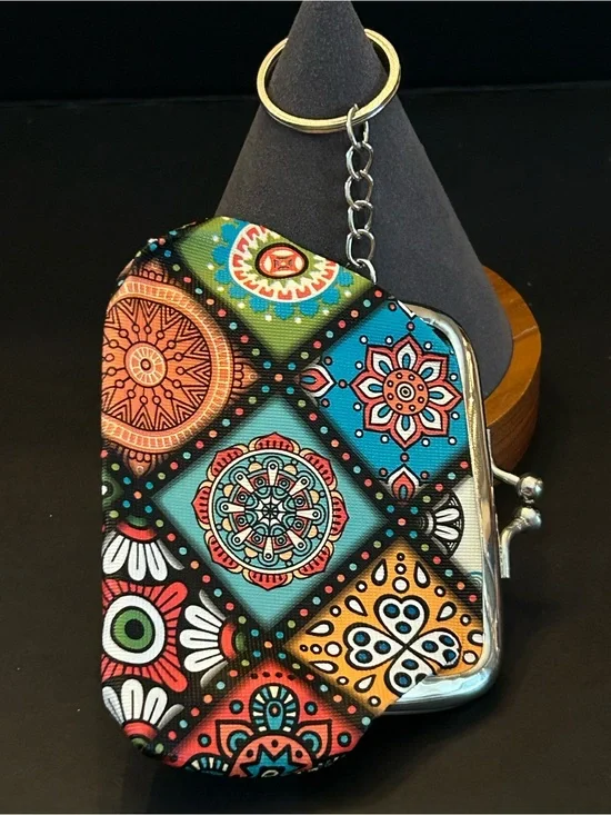 Assorted Multicolor Mosaic Kiss-Lock Coin Purse Keychain Vibrant Patchwork Print