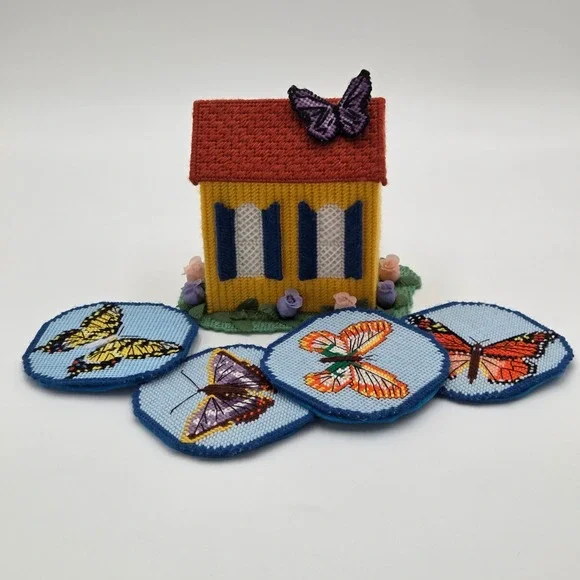 Vintage Needlepoint Canvas Butterfly Coaster Set 4 w/ House Holder Handmade