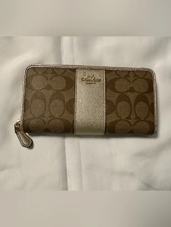 Coach Brown Signature Zip Wallet with Metallic Champagne Accent