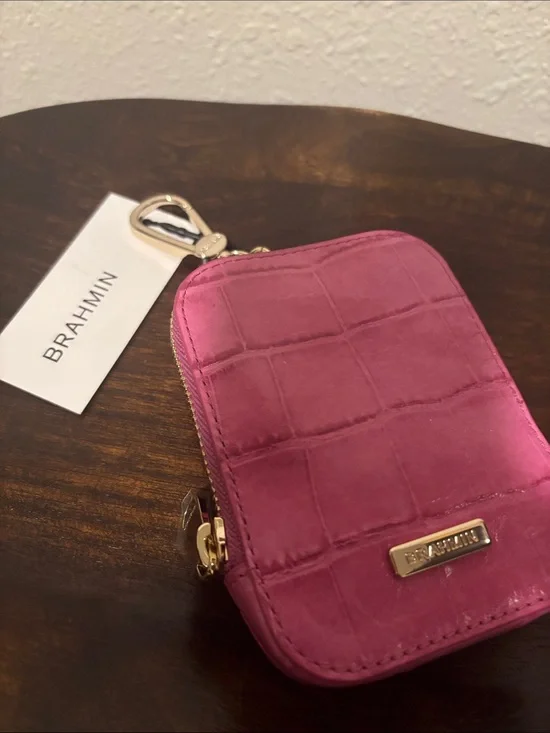 Brahmin Magenta Croc-Embossed Key Pouch with Gold Hardware