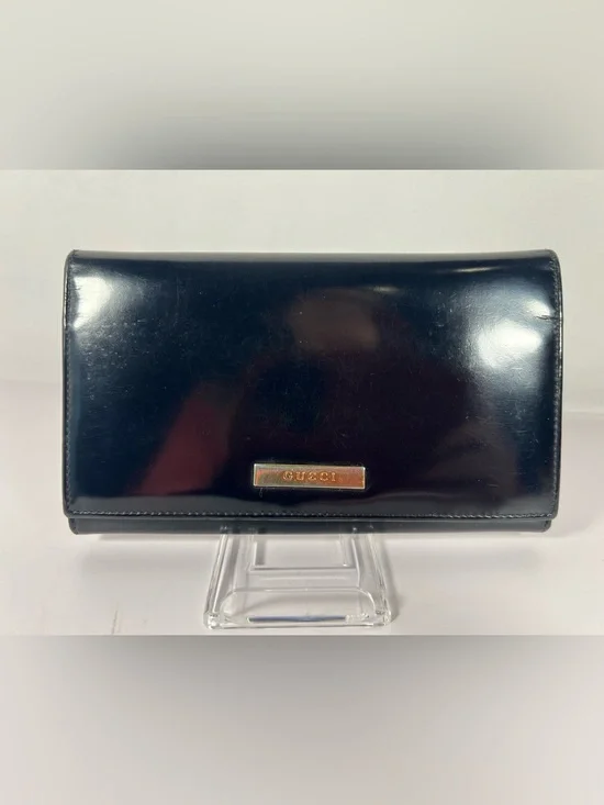 1260: Gucci Vintage Black Leather Long Bifold Wallet Italy