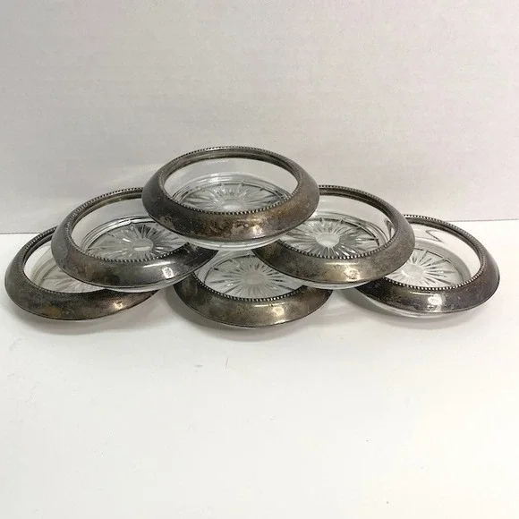 Vtg Sterling Silver Rim Glass Coasters Starburst Base Lot of 6 Frank M Whiting