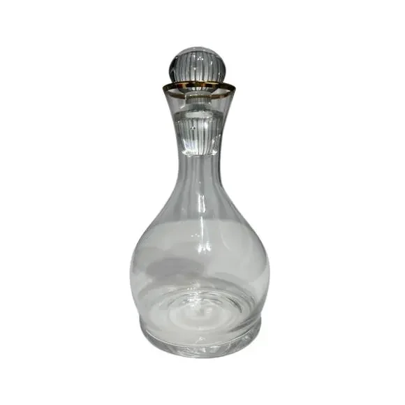 Vintage Crystal Decanter with Gold Rim & Faceted Stopper – 7.5” Tall Barware