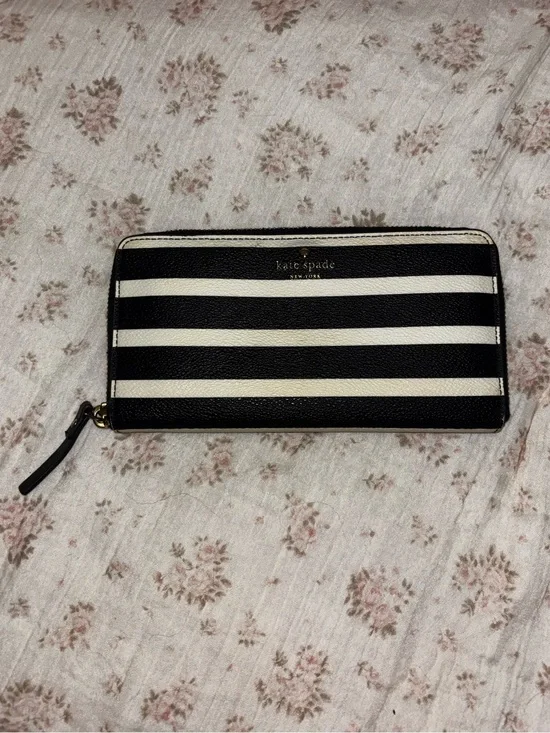 Kate Spade Black and Off White Striped Zip-Around Wallet