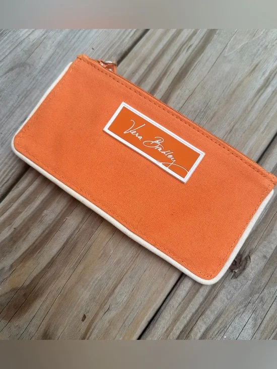 Vera Bradley Small Thin Orange Travel Card Organizer Wallet With Flower Trim