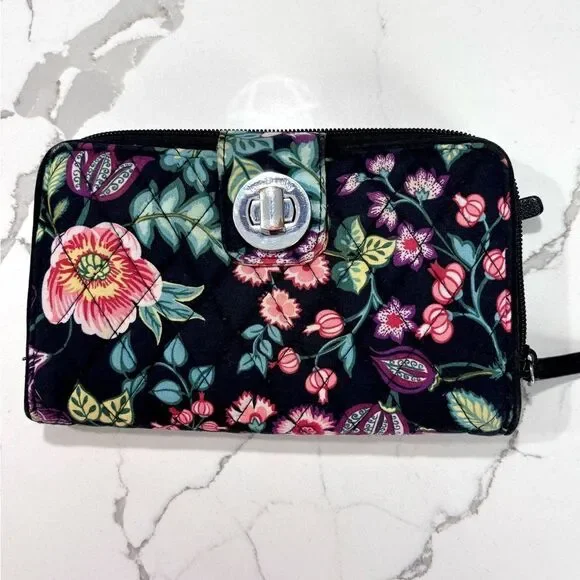 Vera Bradley | Victorian Vines RFID Turnlock Wallet Womens Floral Black …