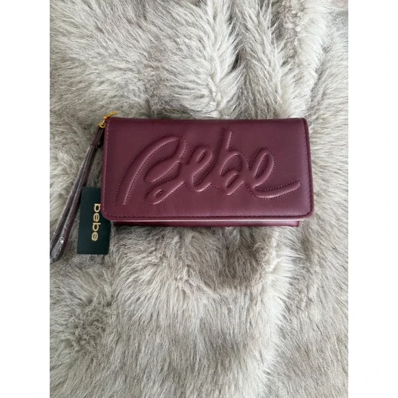 Bebe Louisa Trifold Wallet Plum Embossed Logo Wristlet NWT