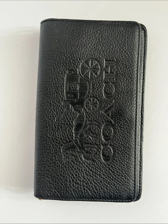 Coach Black Pebble Leather Continental Wallet with Embossed Carriage
