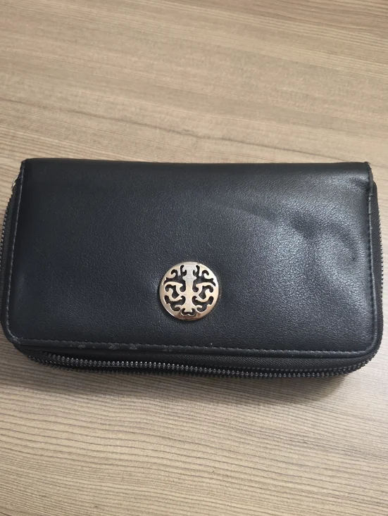 Women's Black Zip-Around Wallet with Decorative Gold Medallion