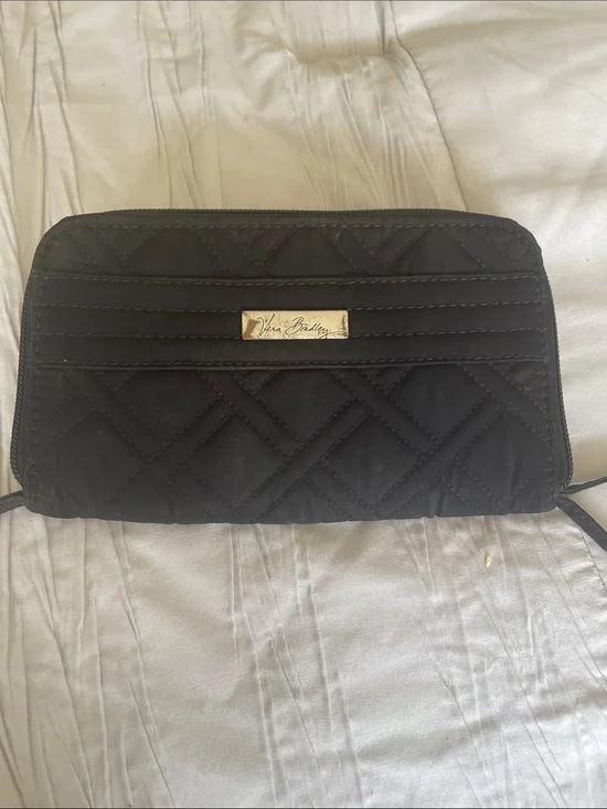 Vera Bradley Black Quilted Zip-Around Wallet with Logo Plaque