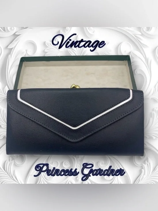 Princes Gardner NIB Vintage Navy White and Gold Leather Wallet