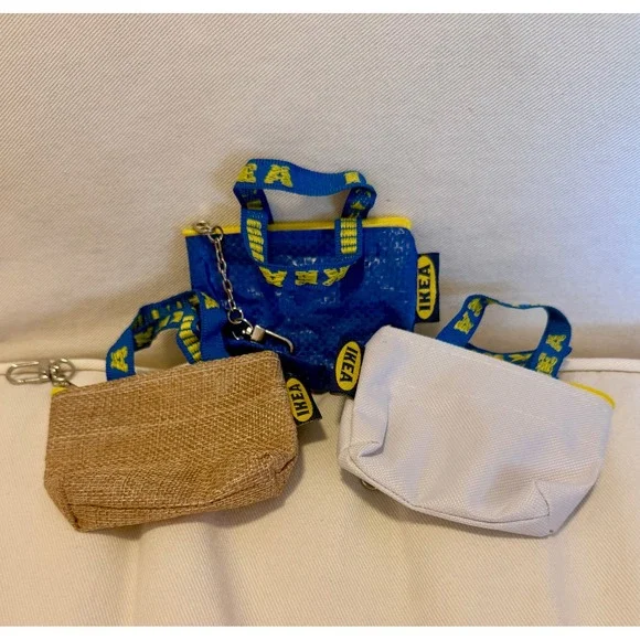 IKEA KNÖLIG Mini Bag Keychain Coin Purse Set of 3 Blue White Tan Burlap Zipper