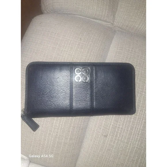 Coach Black Pebbled Leather Zip Around Wallet with Silver Interlocking C Logo