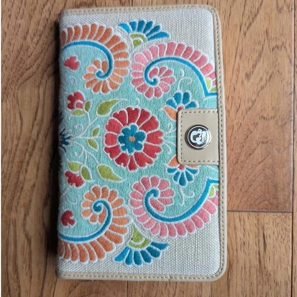 Spartina 449 Snap‎ Wallet Beige Floral Embroidered Linen Leather Trim OS