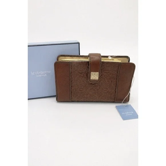 Vintage‎ Liz Claiborne Embossed Tooled Leather Bifold Wallet With Pen Brown NIB