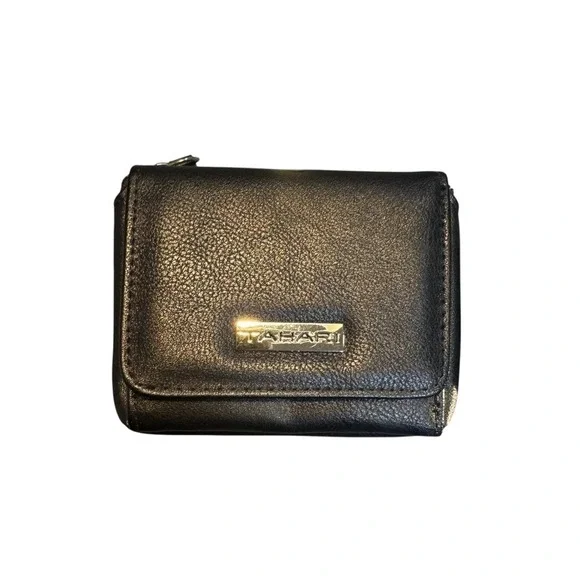Tahari Black‎ Pebbled Leather Bifold Wallet with Logo Plaque