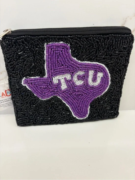 Beaded TCU Texas Shaped Coin Purse - Black & Purple