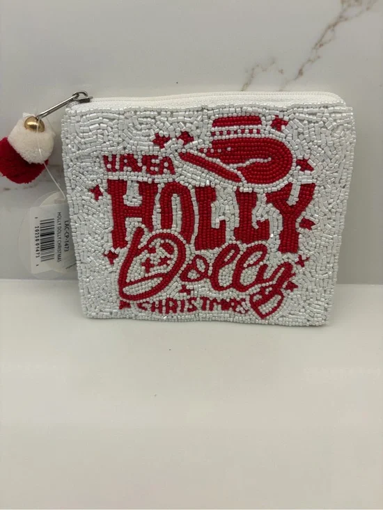 Beaded 'Holly Jolly' Holiday Coin Purse - White & Red