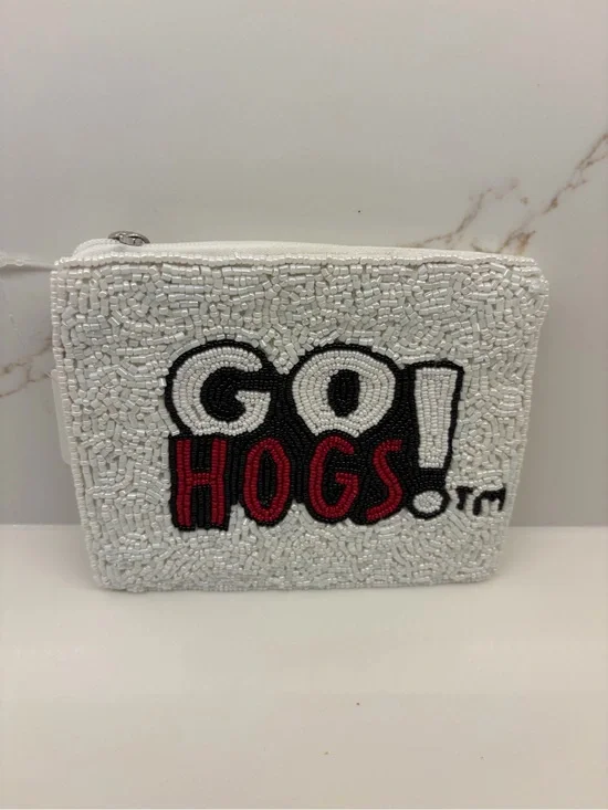 GO HOGS! Beaded White Zip Wristlet Pouch