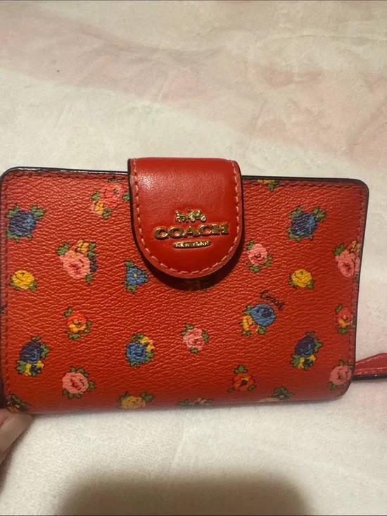 Coach Red Floral Print Leather Wallet with Gold Logo
