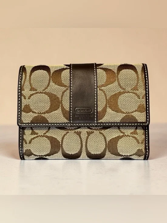 Coach 1941 Leatherwear Tan Canvas and Brown Leather Signature C Tri Fold Wallet
