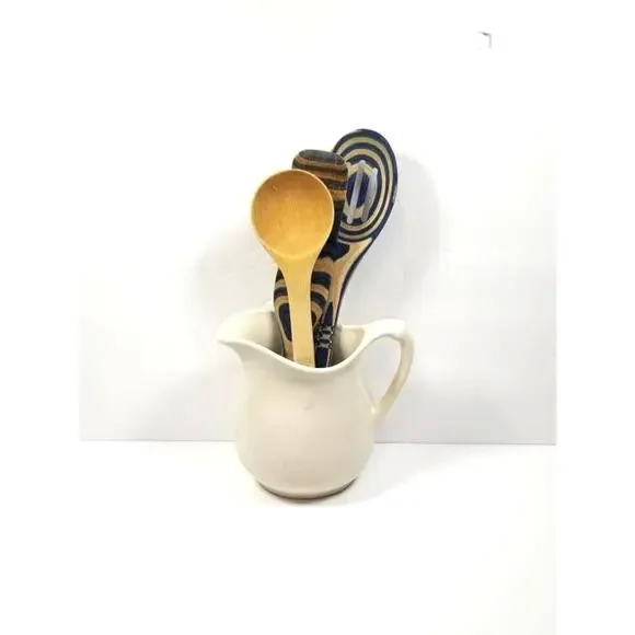 Vintage White Ironstone Milk Pitcher, Farmhouse Ceramic Utensil Holder Vase 6