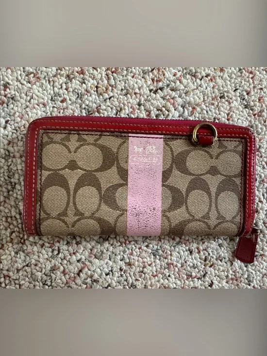 Coach Brown Signature Wallet with Pink Stripe and Red Trim