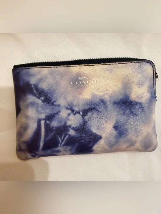 Coach Blue Tie Dye Pebbled Leather Zip Pouch Cosmetic Bag Wallet 6”x4”