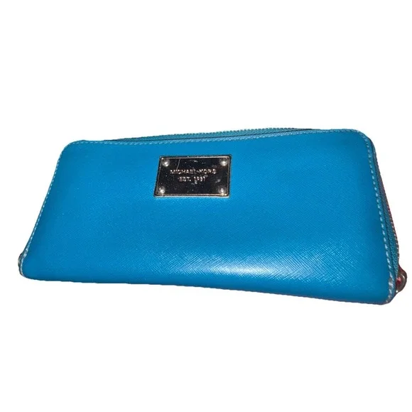 Michael Kors‎ Continental Zip Around Wallet Teal Saffiano Leather