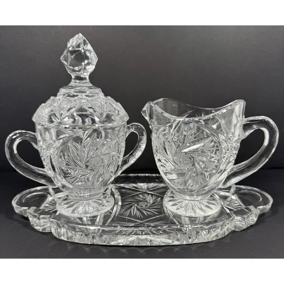 Ofnah Poland 24% Lead Crystal Creamer Sugar Bowl w/ Lid & Tray Pinwheel‎ Star Of