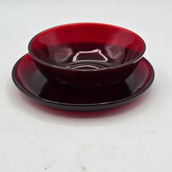 Ruby Red Glass Bowl With Saucer for Cereal Soup or Dessert Arcoroc France Lumina