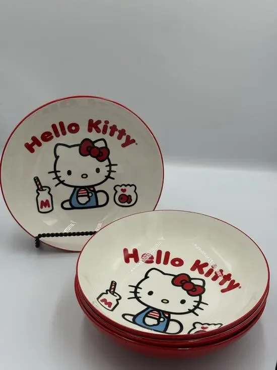 Hello Kitty Set of 4 Cereal Soup Bowls Sanrio 2023 Red White 8