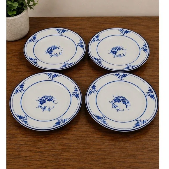 4 Vintage Blue & White Salad Plates 6.25