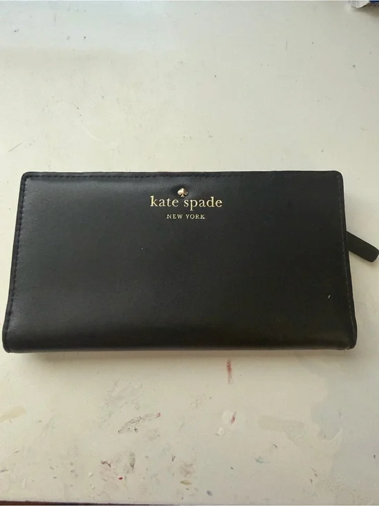 kate spade Black Leather Zip-Around Wallet with Gold Logo