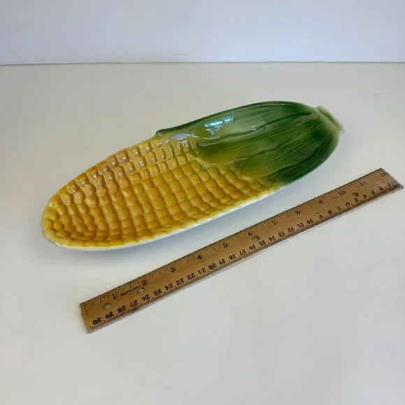 Vtg Cardinal Corn on the Cob Dish Decor Pottery Curved Ceramic Yellow Green READ