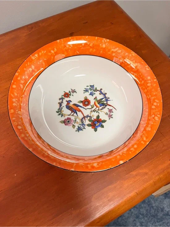 Orange Rim Floral Bird Ceramic Serving Bowl