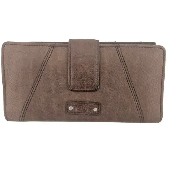 Vintage Fossil Chocolate Brown Leather Envelope Wallet Checkbook Minimalist Y2K