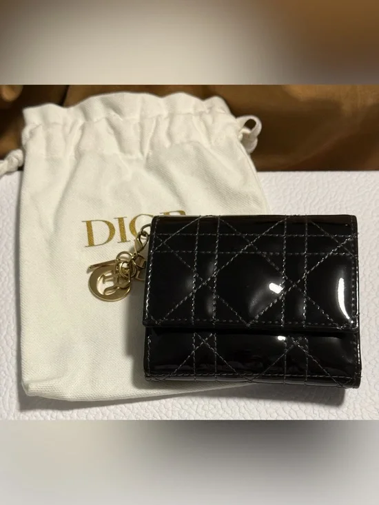 Dior Black Patent Quilted Trifold Wallet Gold tone Dior Charms! In Dustbag & COA