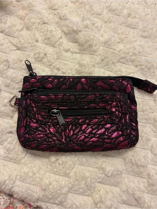 Metallic Magenta & Black Brocade Zip Coin Purse Wallet Pouch