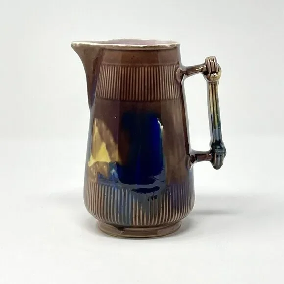 Majolica George Jones Creamer Syrup Pitcher Jug Antique Brown Blue Glaze Pink 5”