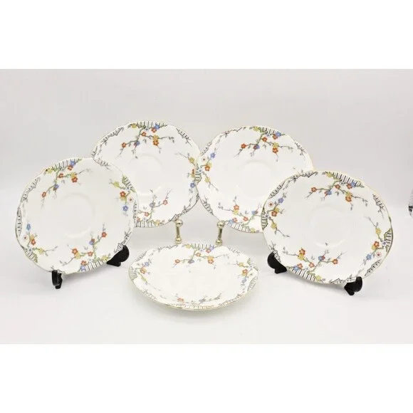 Art Deco Saucers Royal Paragon Thorn England Antique Enamelled Fine Bone China