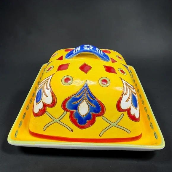 Dutch Wax Coastline Imports Handpainted Ceramic Butter Dish Cheese Container